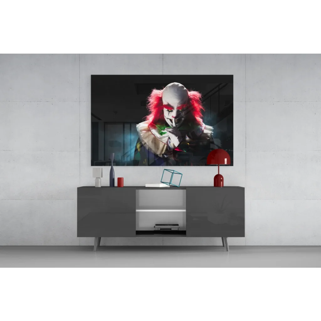 Sinister clown glass wall art on 4K UHD TV screen