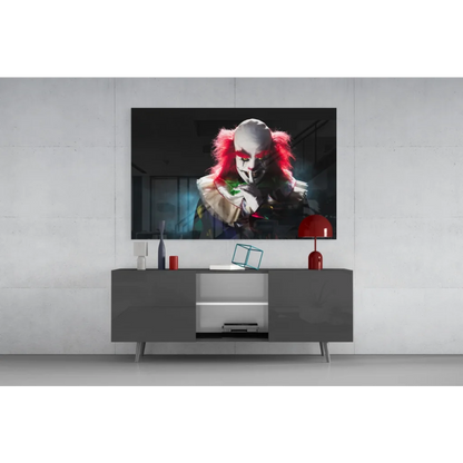 Sinister clown glass wall art on 4K UHD TV screen
