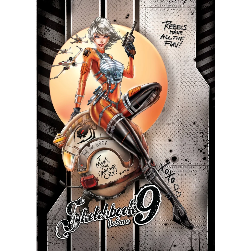 Orange and black armored female with silver hair holding blaster in Sketch Book Volume 9