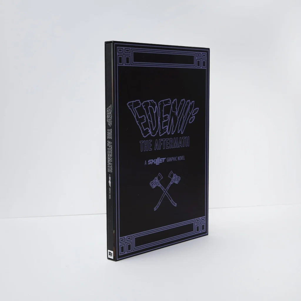 Black hardcover graphic novel skillet eden ii the aftermath deluxe edition with purple foil crossed axes detail five years