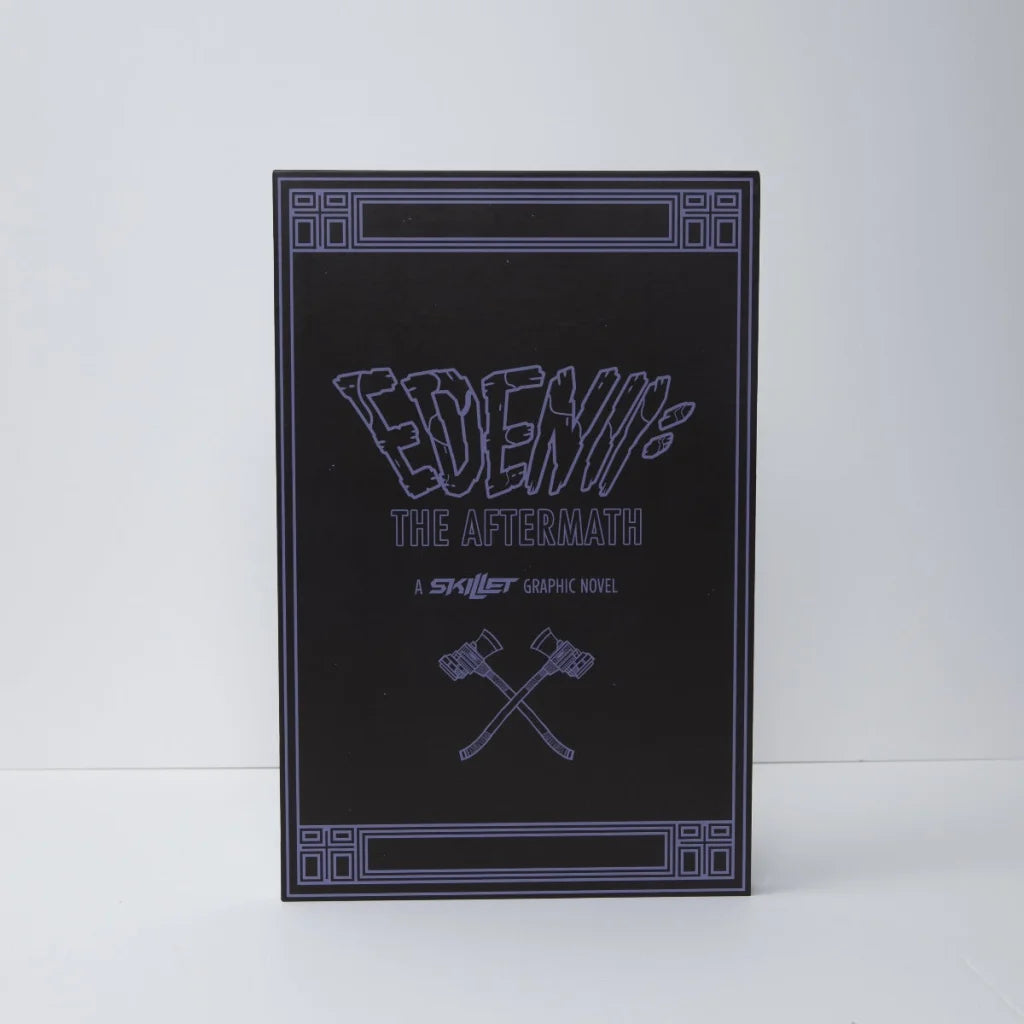 Black graphic novel cover with purple outlined text and crossed axes illustration deluxe edition by skillet five years