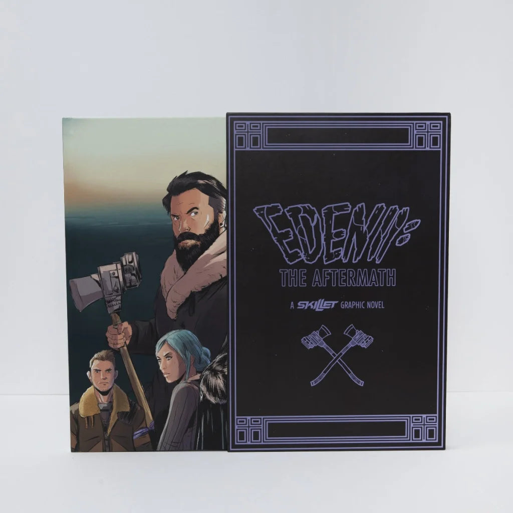 Black graphic novel cover with purple lettering and crossed axes design for skillet eden ii the aftermath deluxe edition five years
