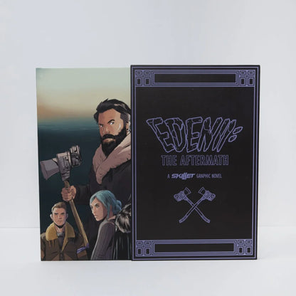 Black graphic novel cover with purple lettering and crossed axes design for skillet eden ii the aftermath deluxe edition five years
