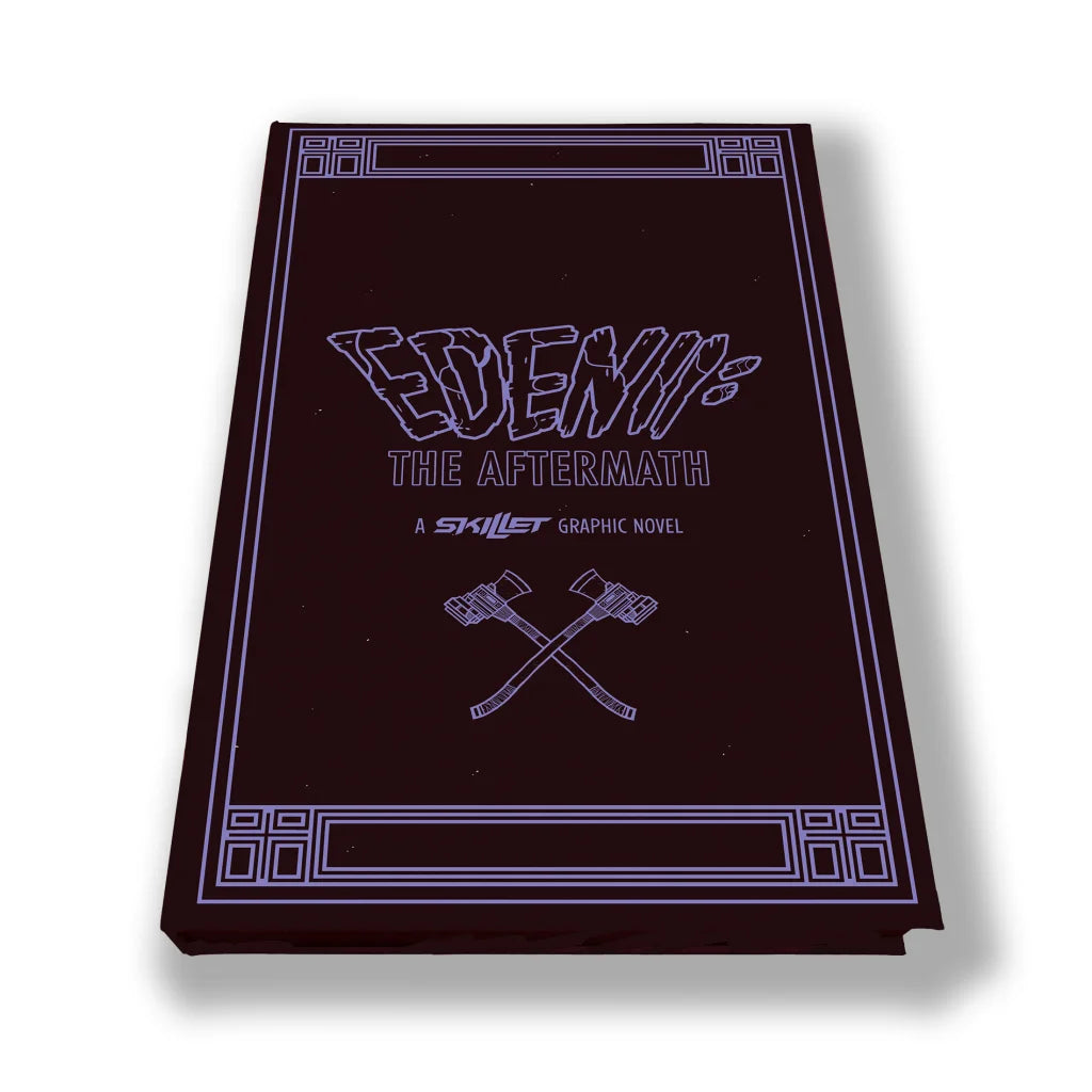 Dark brown graphic novel skillet eden the aftermath deluxe edition with stylized purple title and crossed axe illustration five years