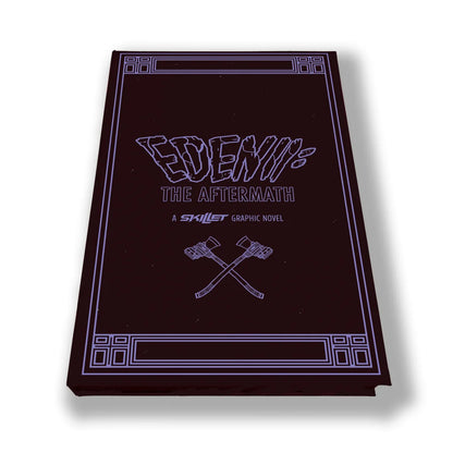 Dark brown graphic novel skillet eden the aftermath deluxe edition with stylized purple title and crossed axe illustration five years