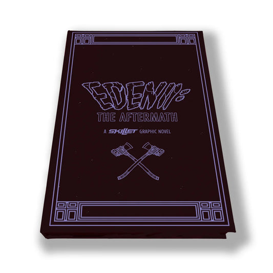 Dark brown graphic novel skillet eden the aftermath deluxe edition with stylized purple title and crossed axe illustration five years