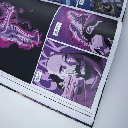 An open comic book from skillet eden ii the aftermath deluxe edition with vibrant purple and black illustrations in dynamic poses