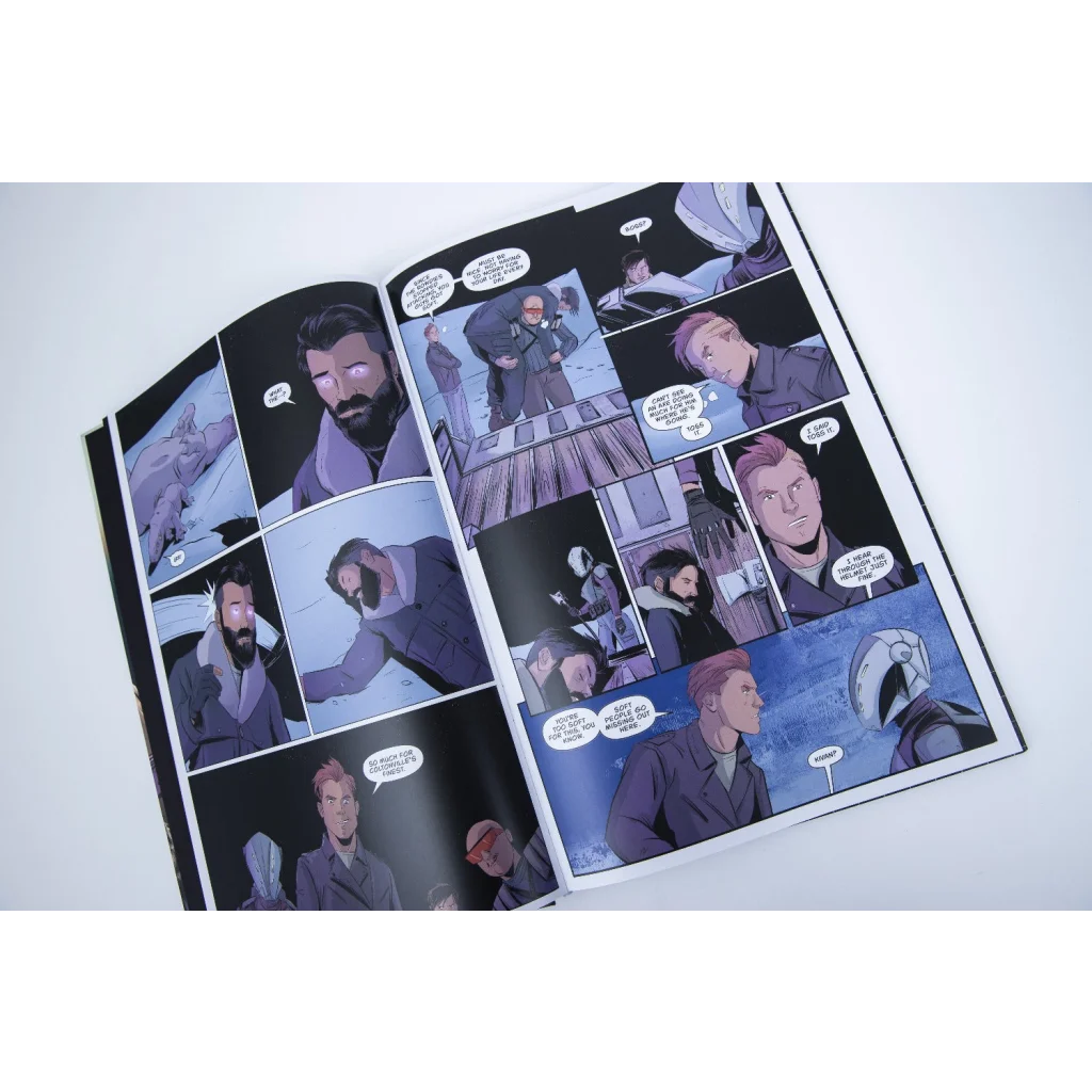 Open comic book from skillet eden ii the aftermath deluxe edition featuring black and white illustrations with purple panels