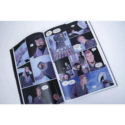Open comic book from skillet eden ii the aftermath deluxe edition featuring black and white illustrations with purple panels