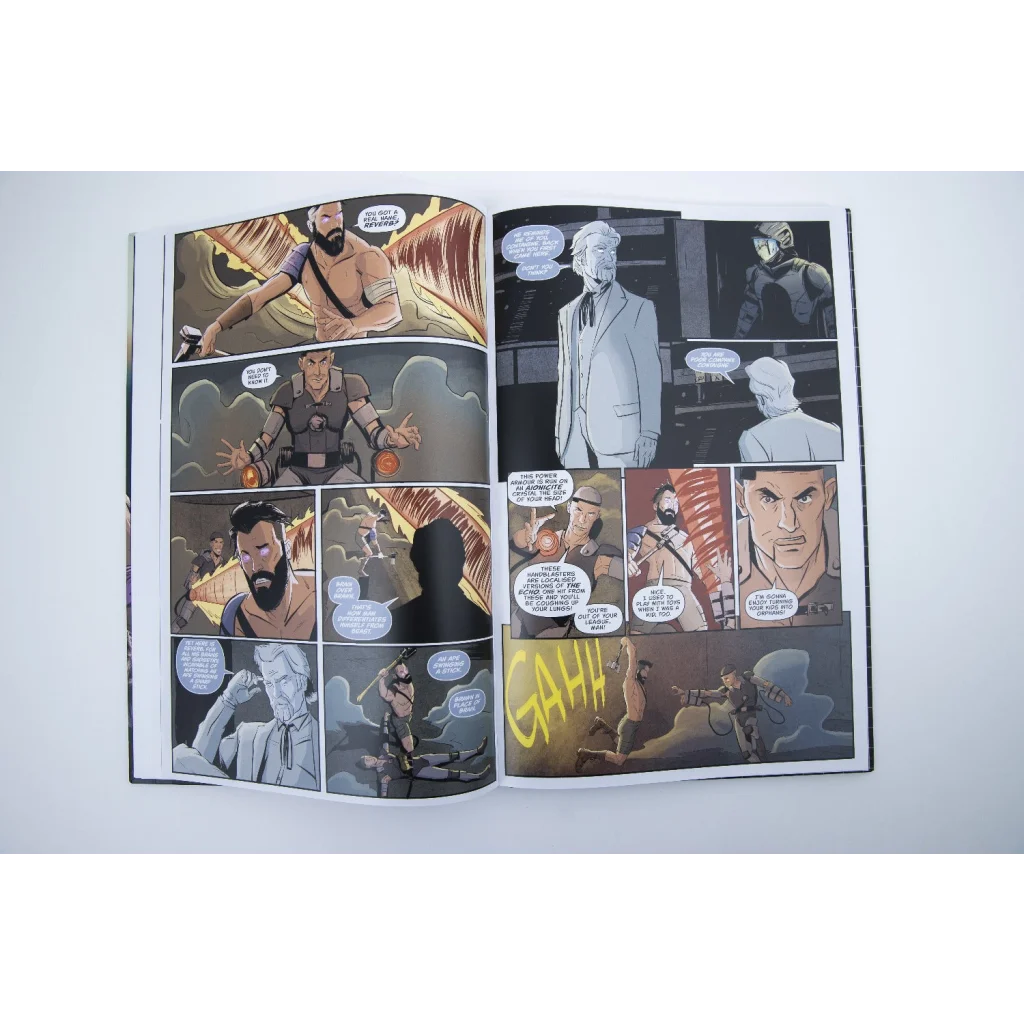 Open comic book with black and white illustrations and bold yellow speech bubbles from skillet eden ii deluxe edition