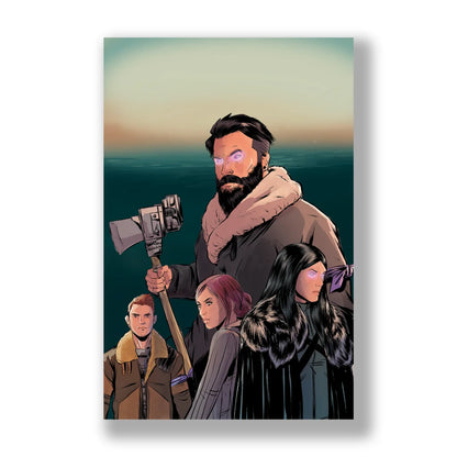 A vertically oriented comic book cover for skillet eden ii the aftermath deluxe edition featuring four glowing eyed characters against a twilight ocean backdrop
