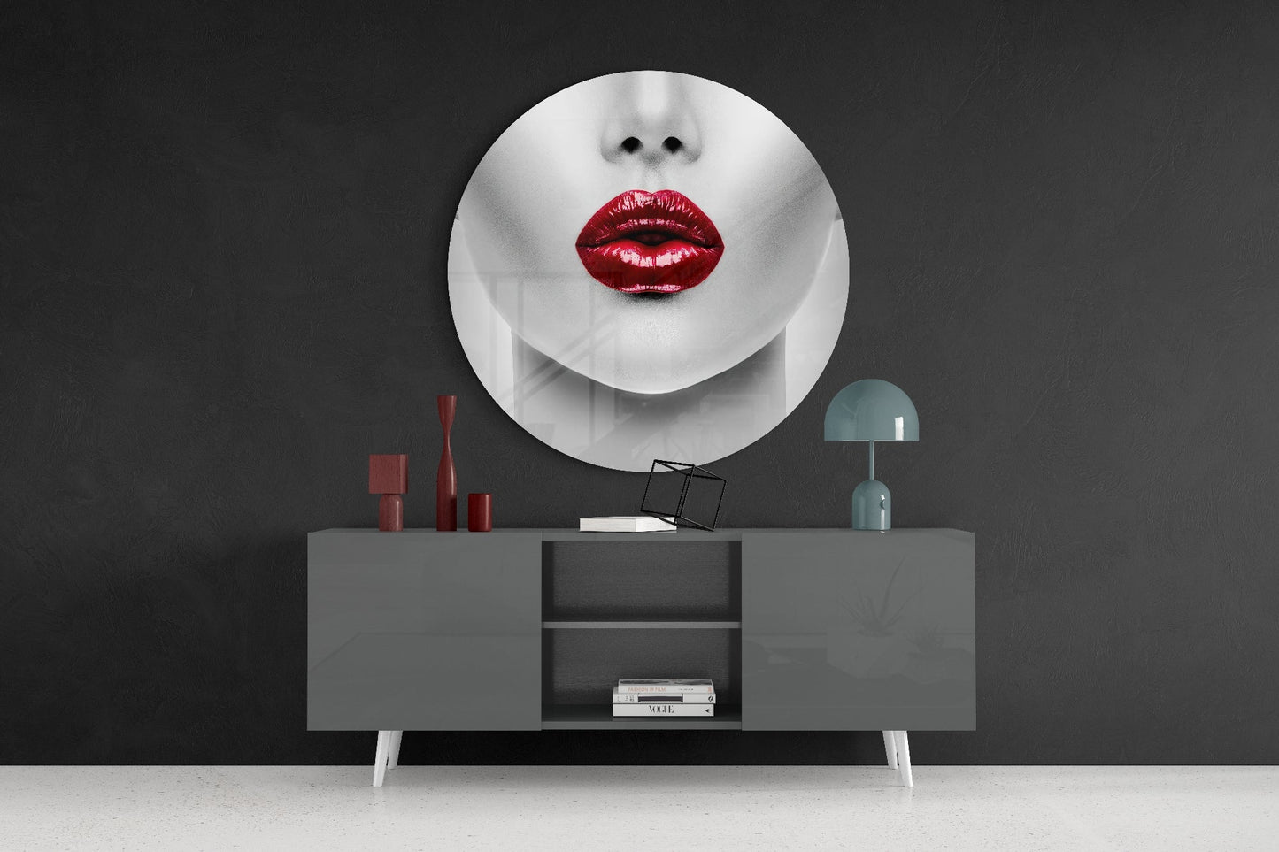 Red Glossy Lips Circle Glass Wall Art