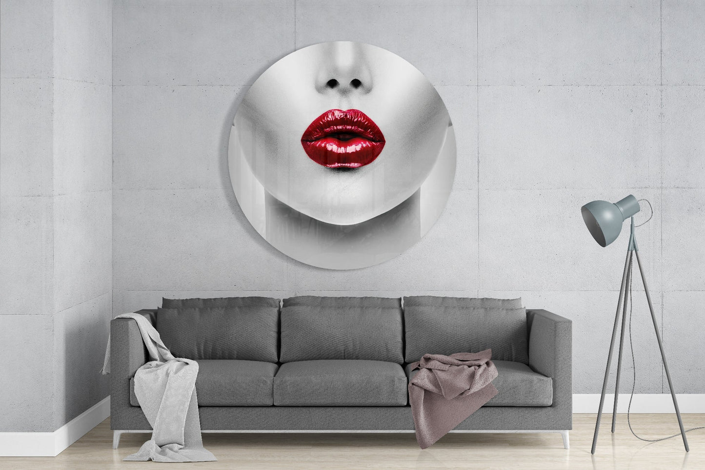 Red Glossy Lips Circle Glass Wall Art