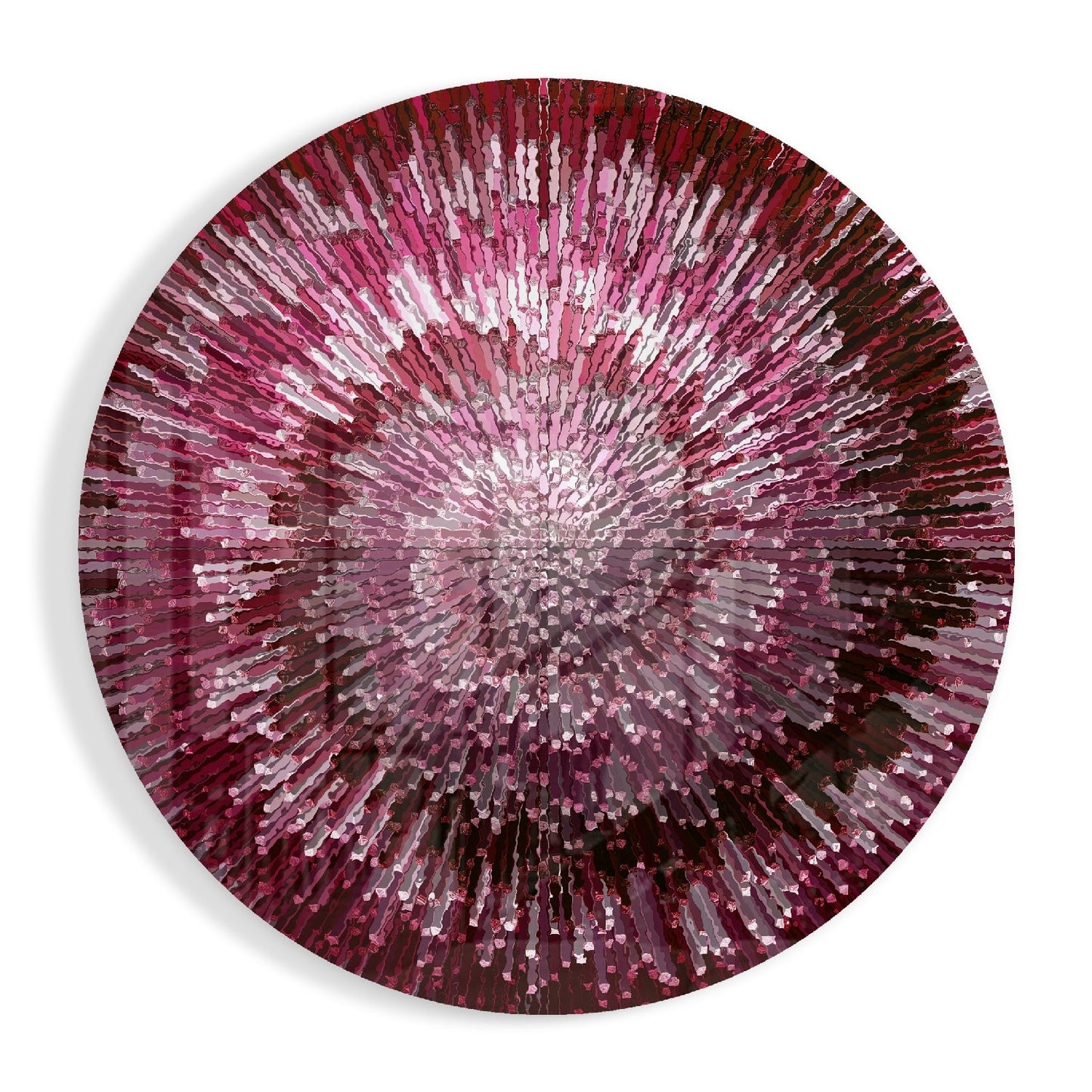 Circular glass wall art with radiating pink, magenta, and white glass rods creating a helix pattern from center outward, viewed straight-on against white background.