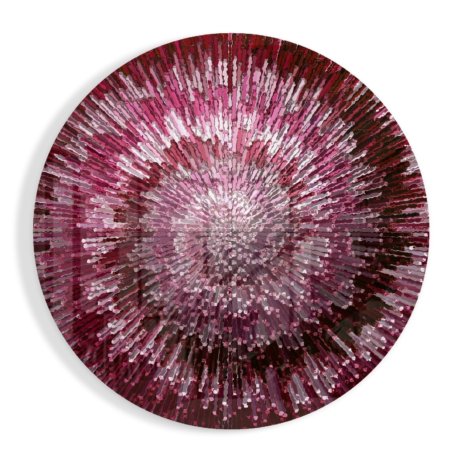 Circular glass wall art with radiating pink, magenta, and white glass rods creating a helix pattern from center outward, viewed straight-on against white background.