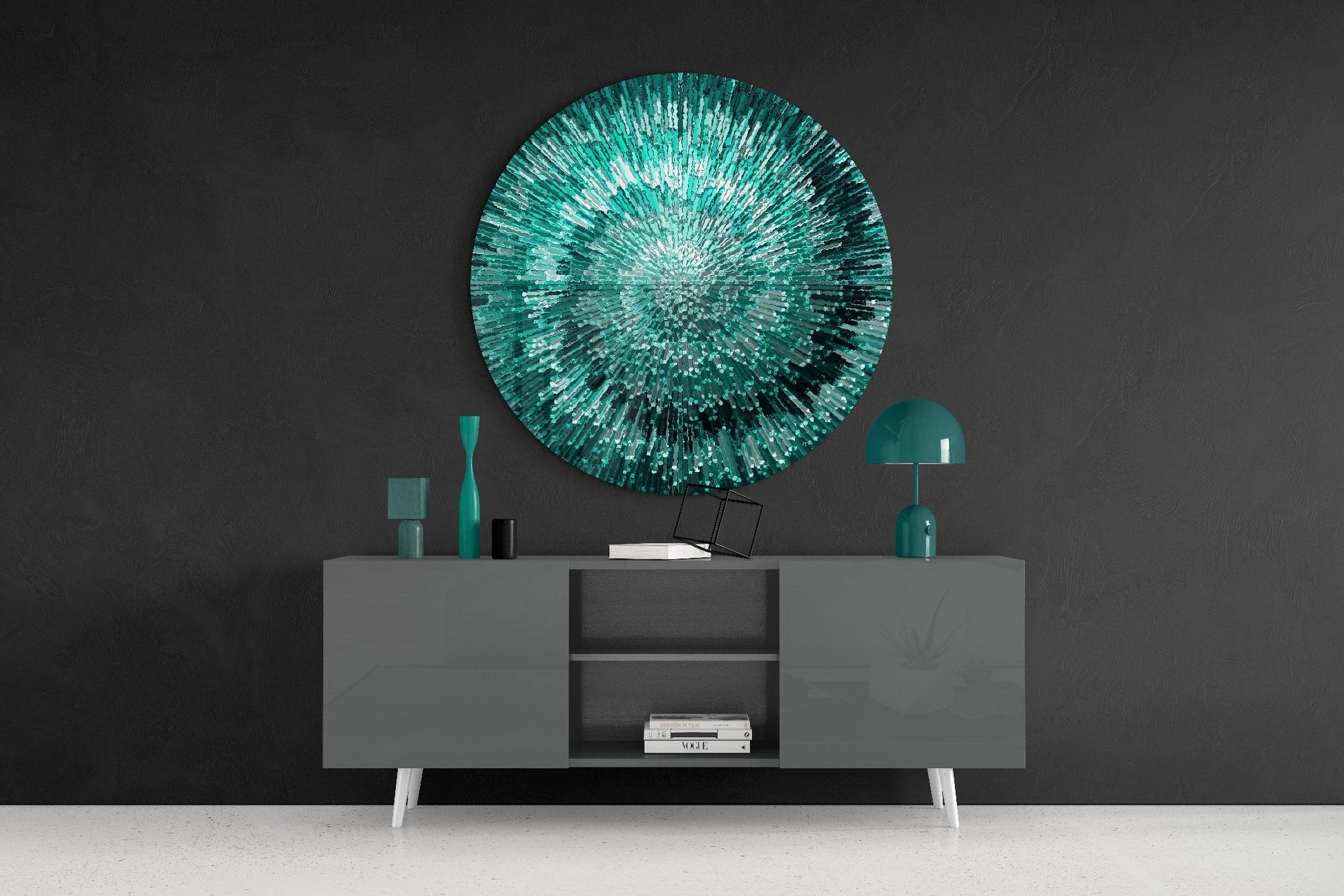 Emerald Helix Glass Wall Art displayed above a gray sideboard with teal decorative accessories in a modern interior setting.