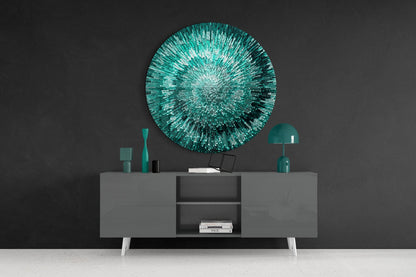 Emerald Helix Glass Wall Art displayed above a gray sideboard with teal decorative accessories in a modern interior setting.