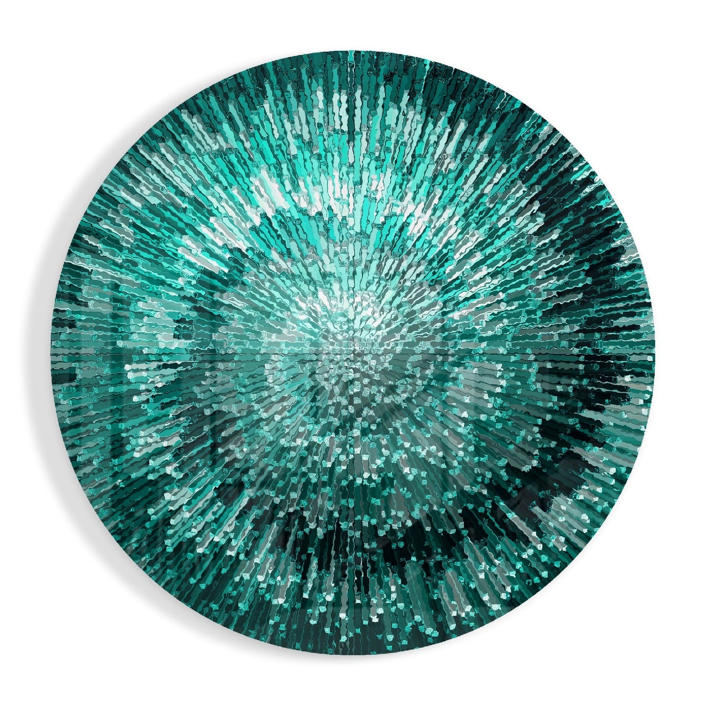 Circular glass wall art with radiating teal, emerald, and white rectangular pieces creating a starburst pattern from the center.