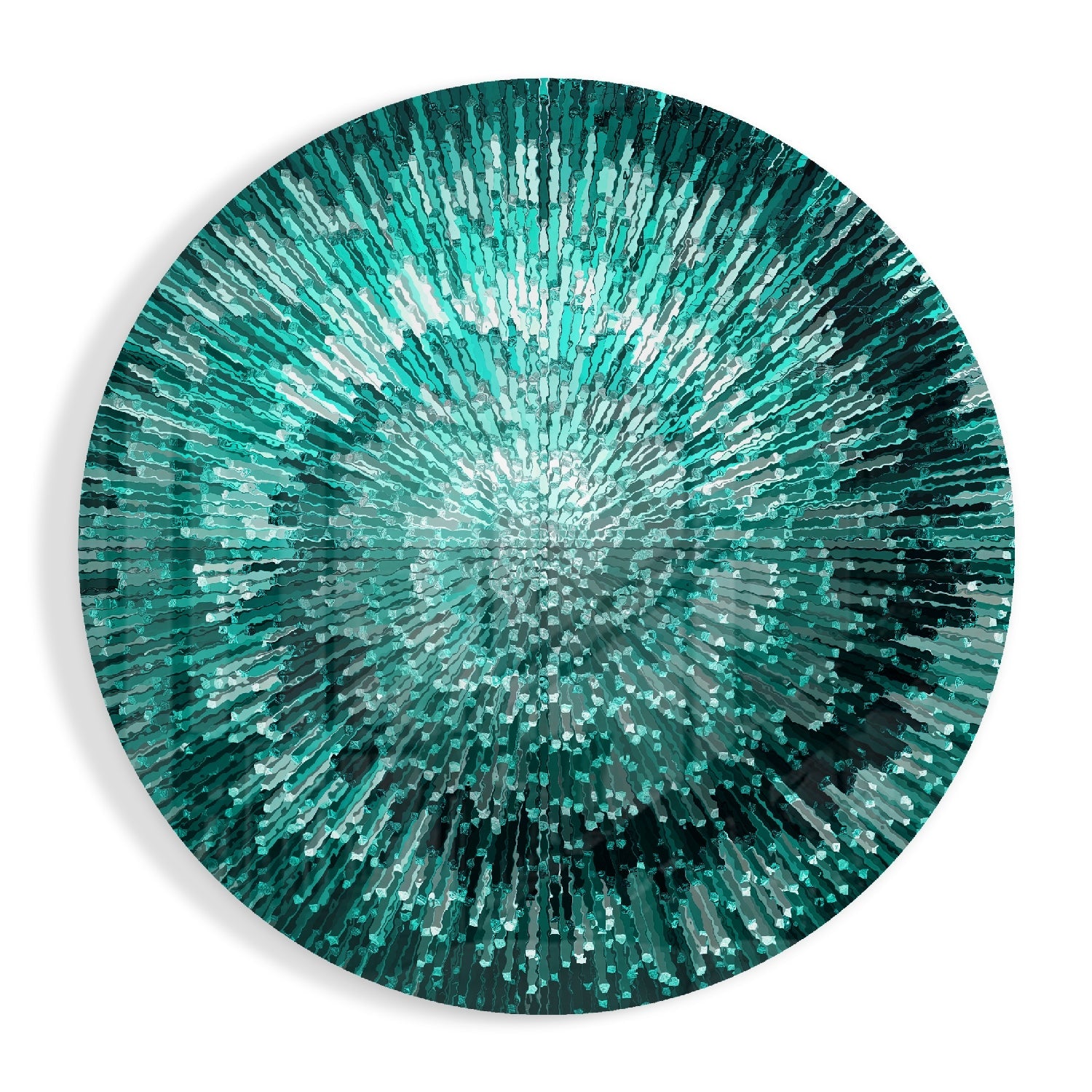Circular glass wall art with radiating teal, emerald, and white rectangular pieces creating a starburst pattern from the center.