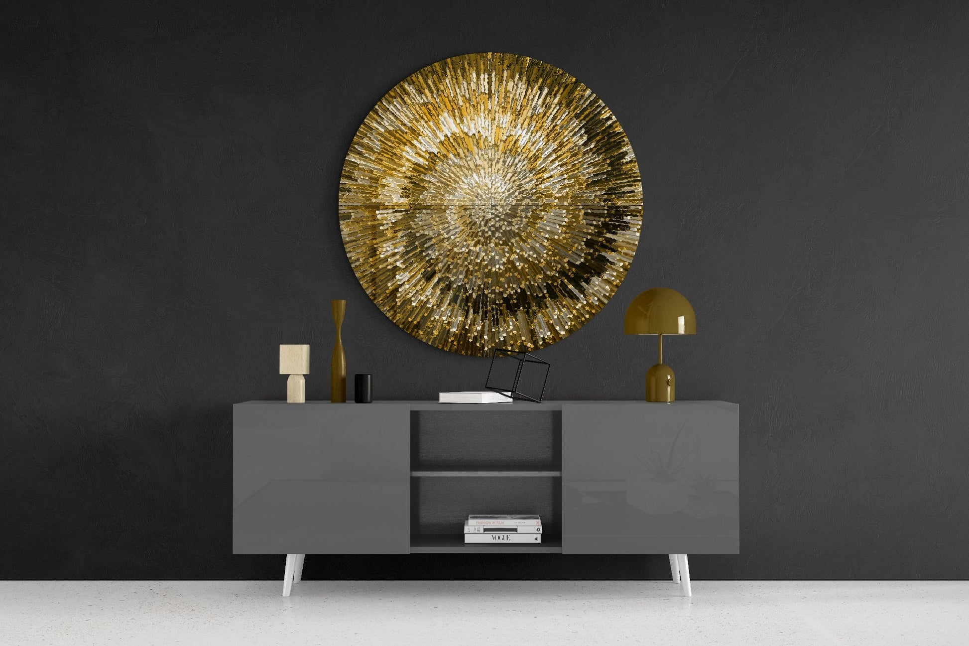 Golden Helix Glass Wall Art displayed above a gray sideboard with brass lamp and decorative objects against dark gray wall.