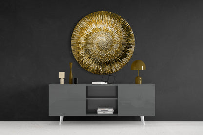 Golden Helix Glass Wall Art displayed above a gray sideboard with brass lamp and decorative objects against dark gray wall.