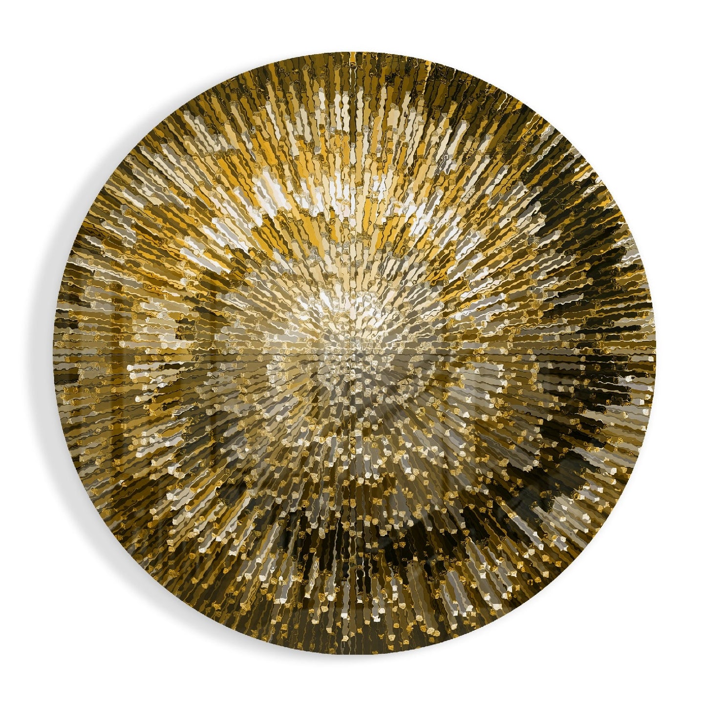 Circular golden glass wall art with radiant striped pattern emanating from center, featuring gold, white, and dark tones.