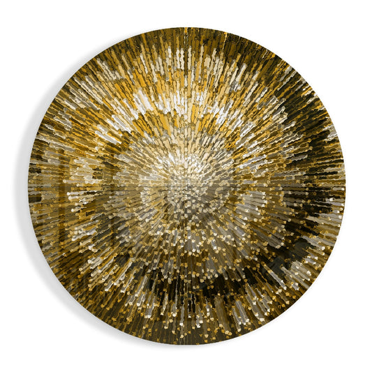 Circular golden glass wall art with radiant striped pattern emanating from center, featuring gold, white, and dark tones.