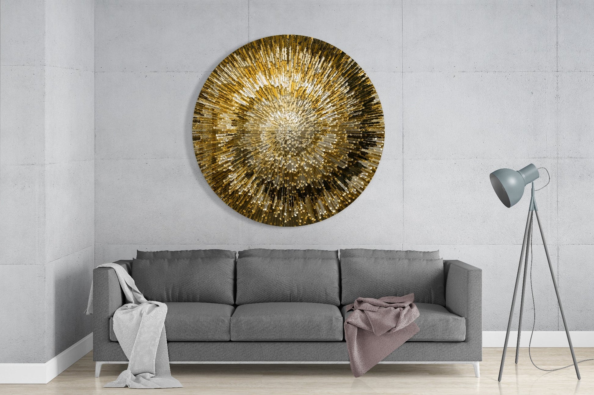 Golden Helix Glass Wall Art hung above gray sofa in minimalist living room with tripod lamp.