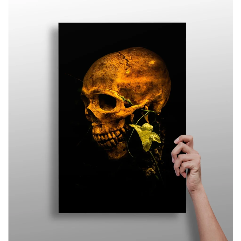 Golden skull insigne aluminum print with ivy vines on black canvas