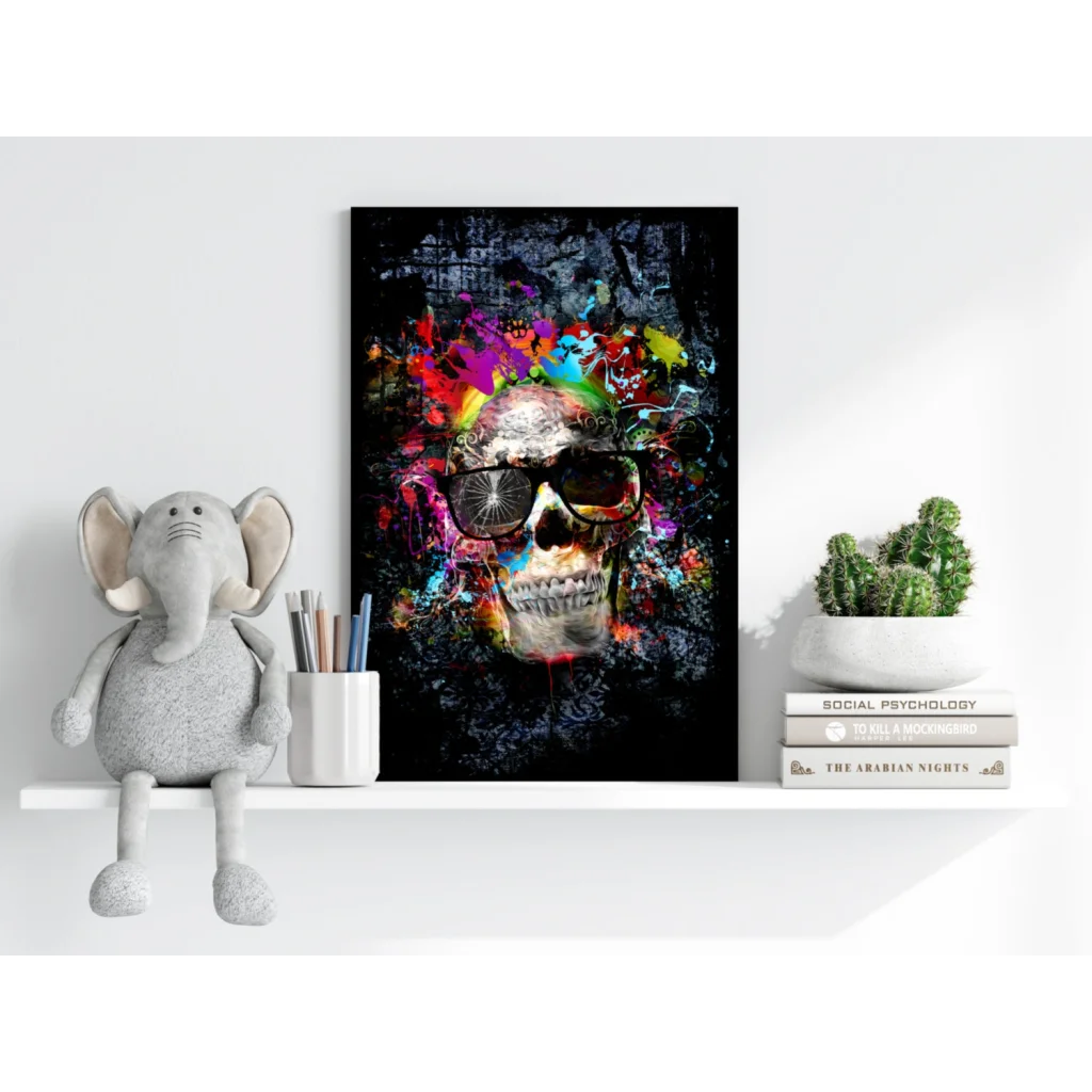 Vibrant graffiti skull on insigne aluminum print with colorful splashes