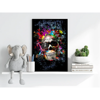 Vibrant graffiti skull on insigne aluminum print with colorful splashes