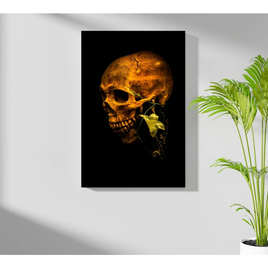 Golden skull insigne aluminum print with ivy vines on black