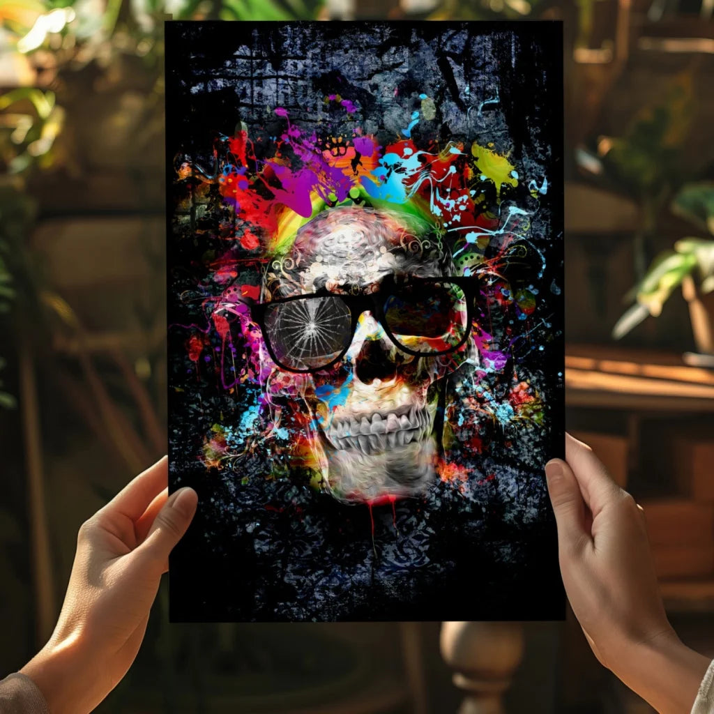 Vibrant graffiti skull on insigne aluminum prints with rainbow colors