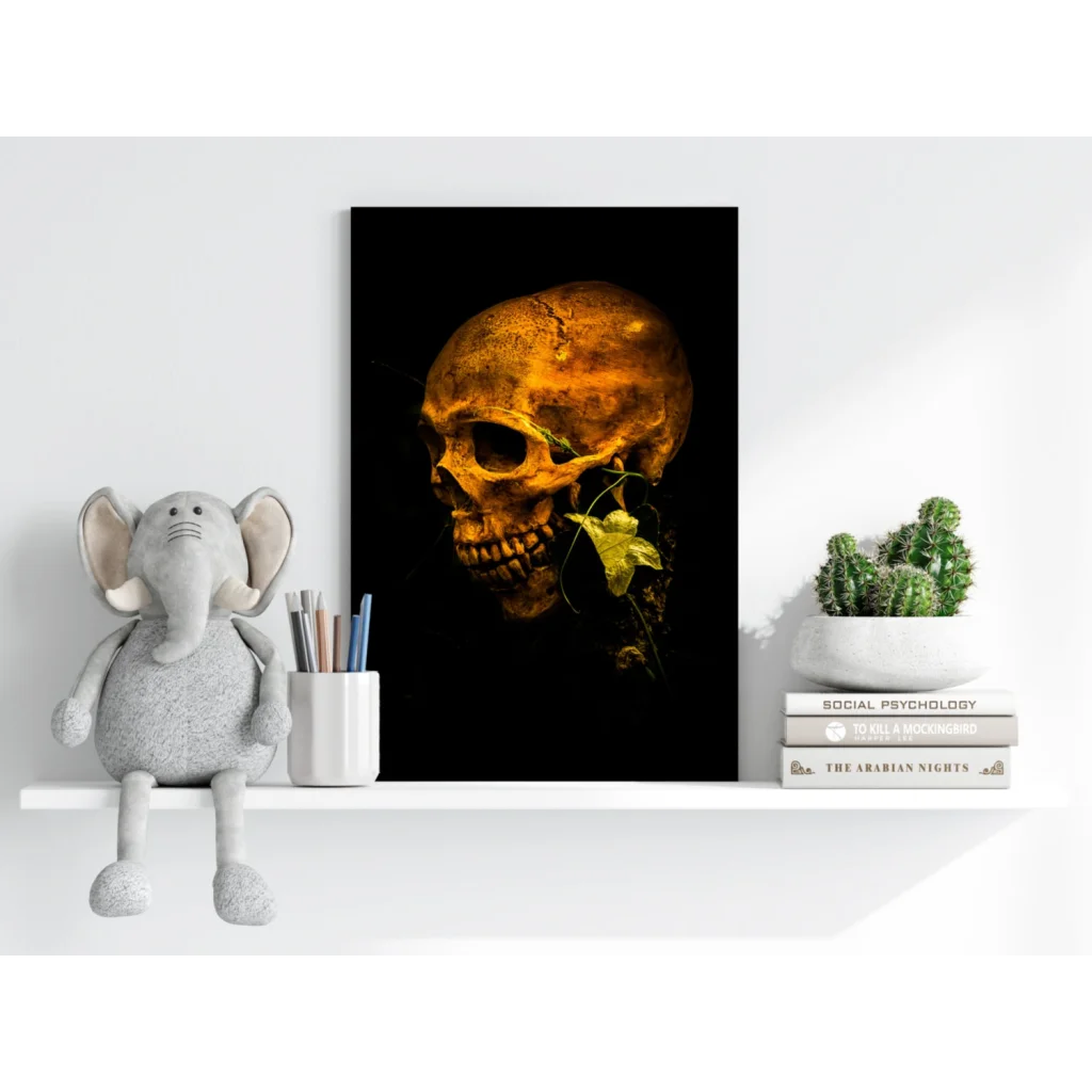 Golden skull insigne aluminum print with ivy vines and green leaf