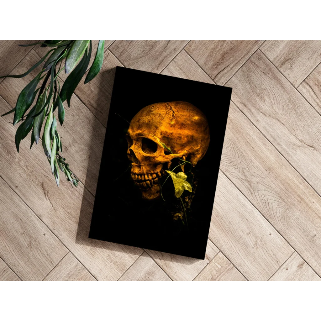Golden skull insigne aluminum print with ivy vines on black background