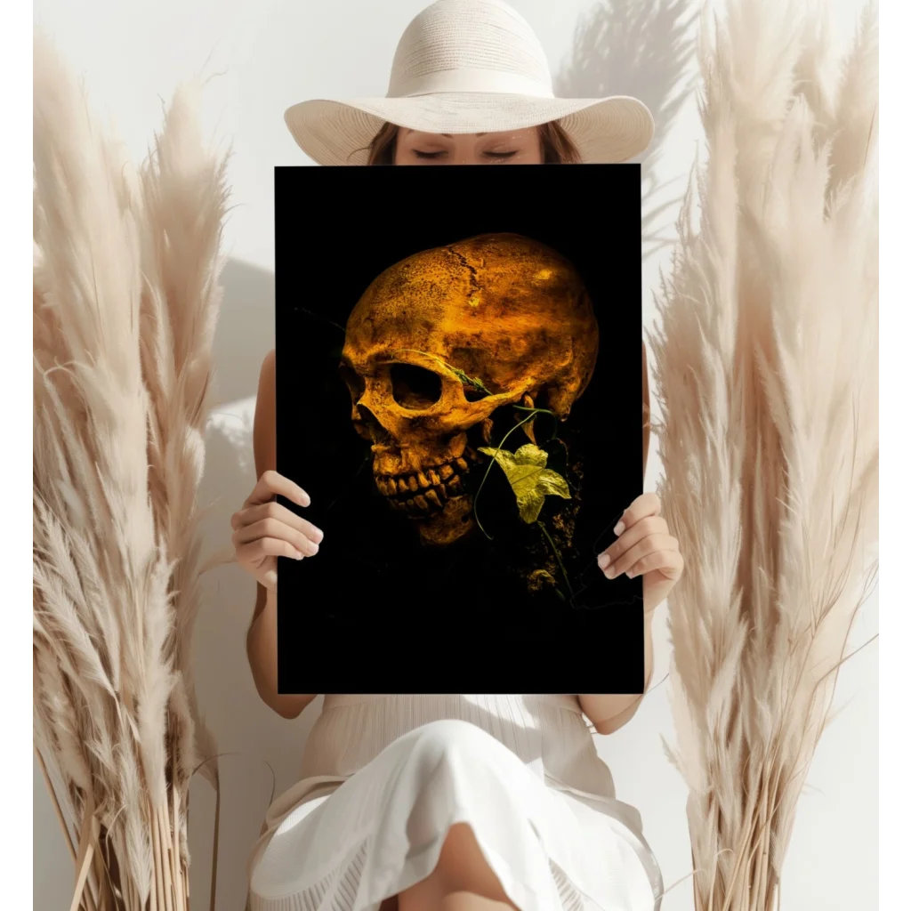 Golden skull insigne aluminum print with ivy vines and green leaf