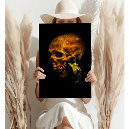 Golden skull insigne aluminum print with ivy vines and green leaf