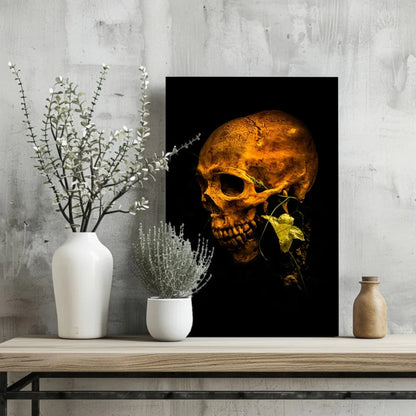 Aged orange skull on insigne aluminum print with yellow leaf and ivy vines