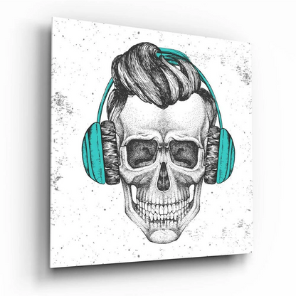 Teal Skull Glass Wall Art Canvas with Headphones | Insigneart USA | vintageantiquesgifts.com