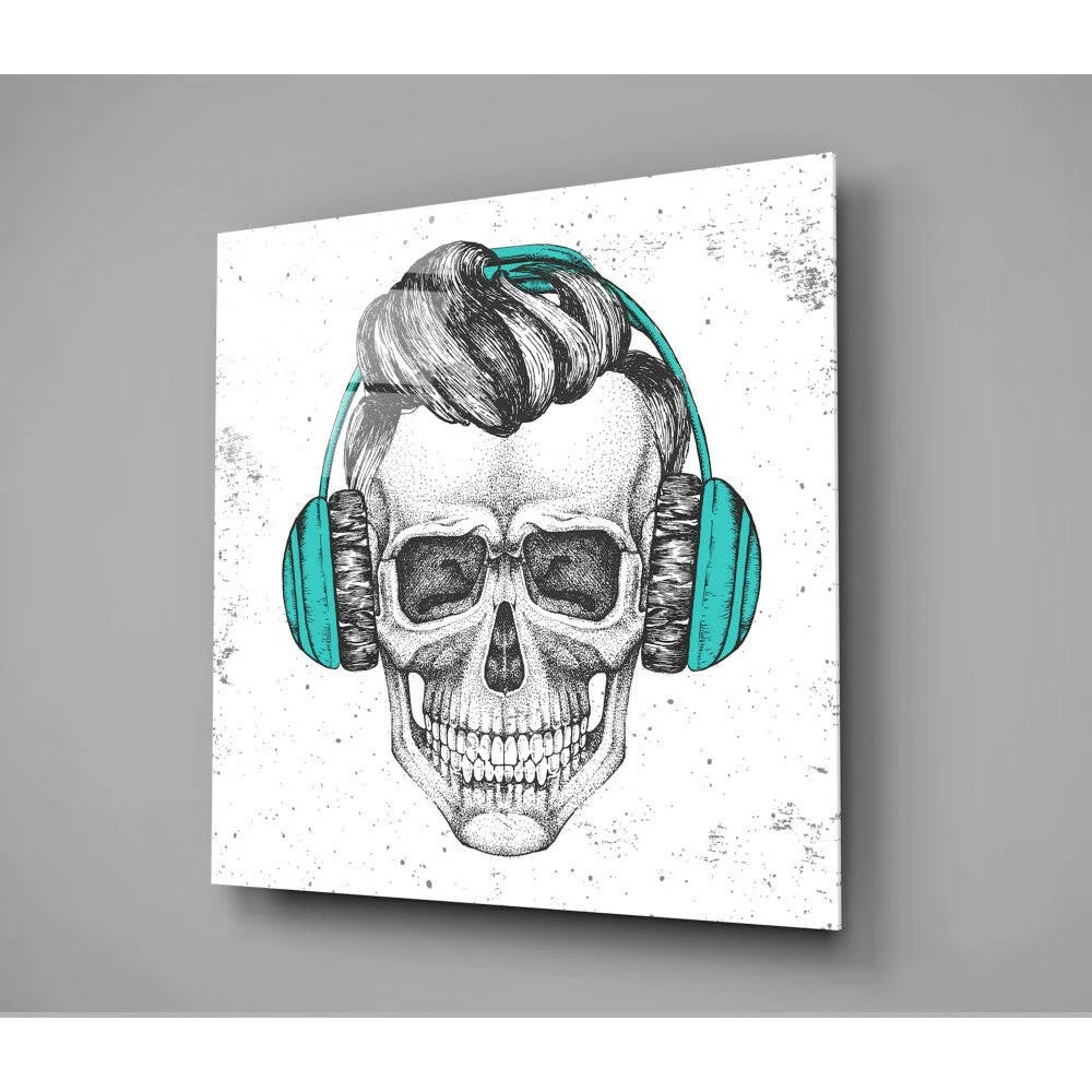 Teal Skull Glass Wall Art Canvas with Headphones | Glass Wall Art Print | vintageantiquesgifts.com