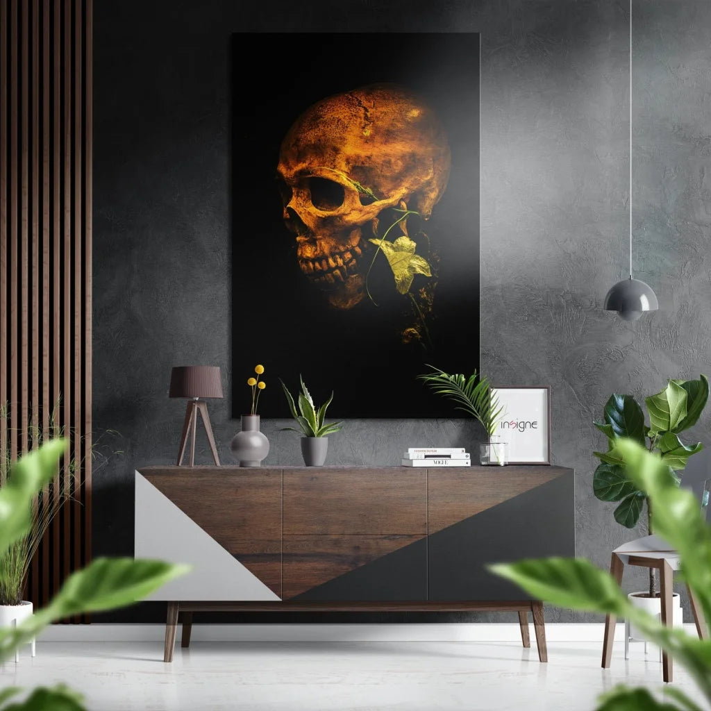Striking orange gold skull poster with green leaves on brushed aluminium dibond panel