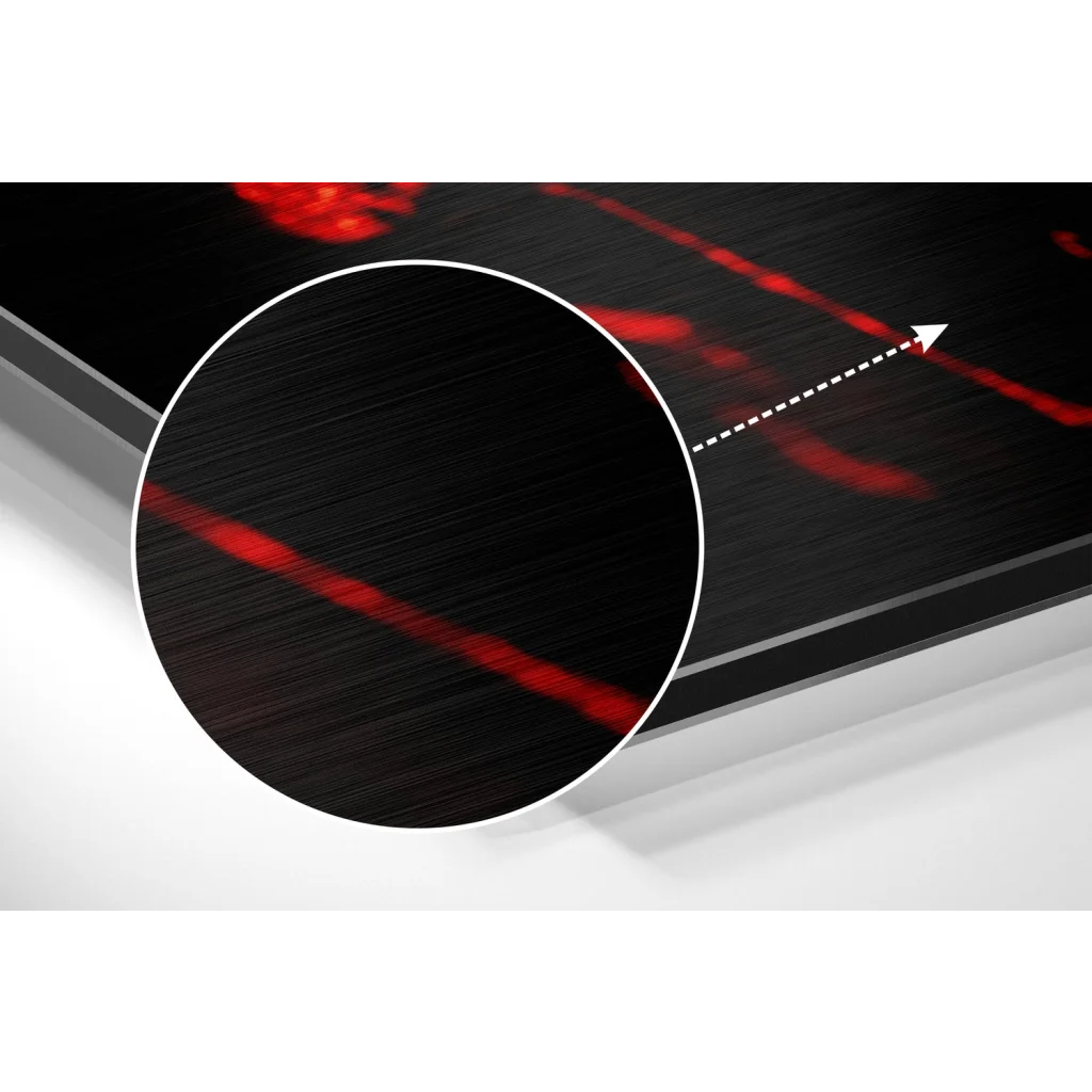 Black brushed aluminium dibond with red laser lines and skull art
