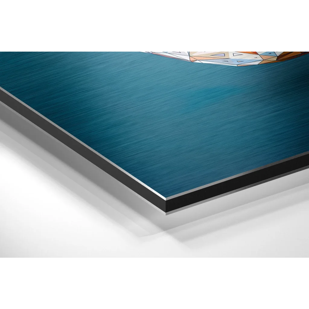 Stunning brushed aluminium dibond art of geometric sailboat on teal water