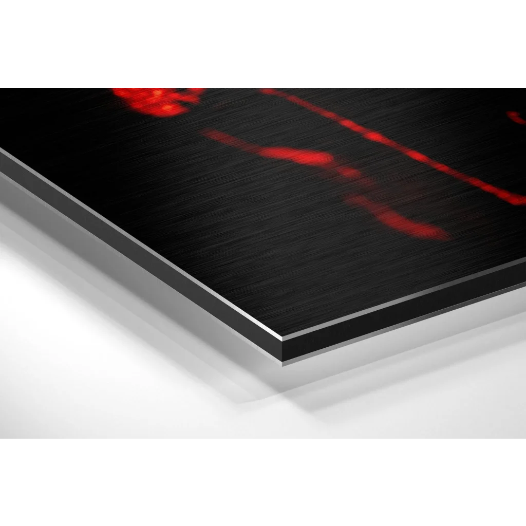 Vibrant red skull art on brushed aluminium dibond print