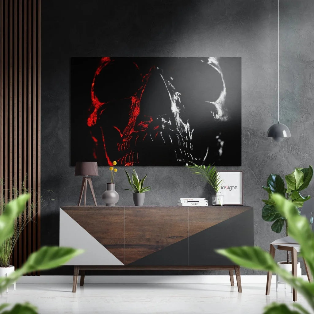 Black and red abstract skull on brushed aluminium dibond print on dark wall
