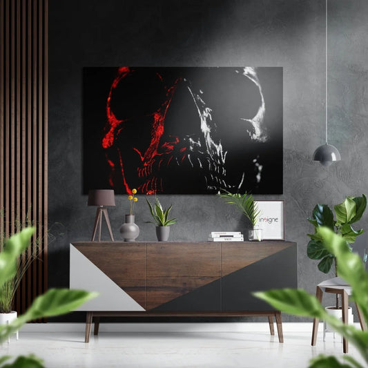 Black and red abstract skull on brushed aluminium dibond print on dark wall