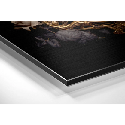 Black acrylic print of gold skull baroque art on brushed aluminium dibond