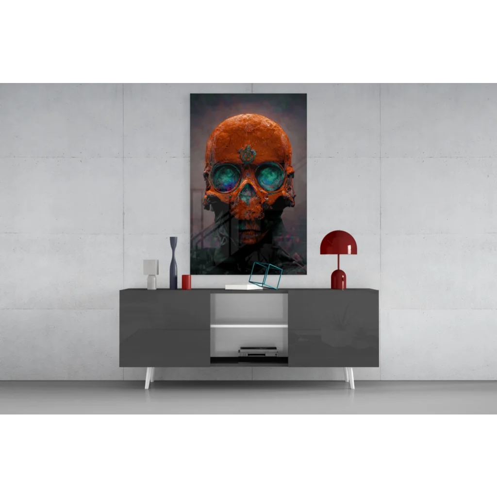 Orange skull glass wall art print with glowing teal goggles