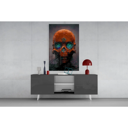 Orange skull glass wall art print with glowing teal goggles
