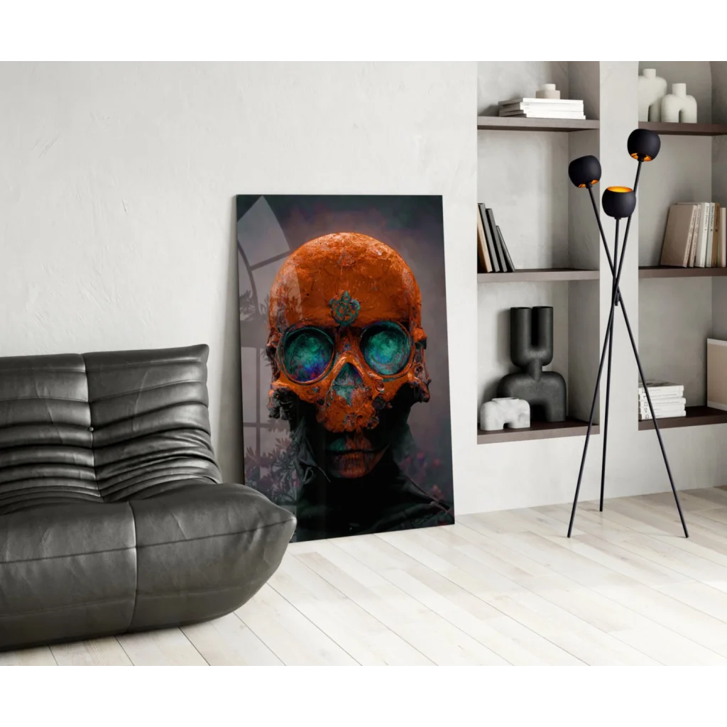 Orange skull glass wall art with teal eyes in modern room